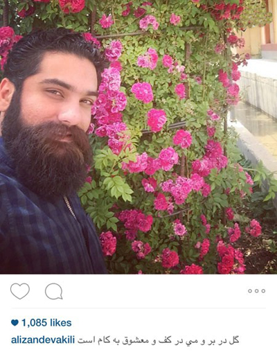 سلفی علی زند وکیلی با یک درختچه گل زیبا در کنار مصرعی از حضرت حافظ