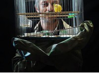 عکس هنری کاظم سیاحی با قناریِ در قفس