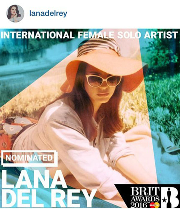 «لانا دل ری» از این که نامزد جایزه «بریت» بهترین خواننده زن بین المللی شده تشکر کرده است