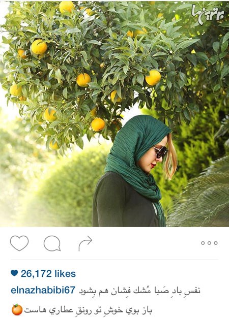 الناز حبیبی در کنار درخت پرتقالی که تابحال چندین عکس دیگر در کنارش گذاشته است