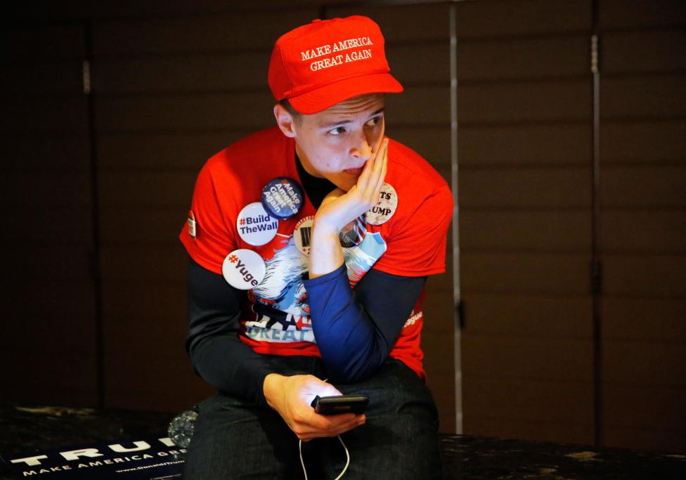 A Trump supporter waits for the Trump rally to begin at the Hilton Hotel during the U.S. presidential election in New York City