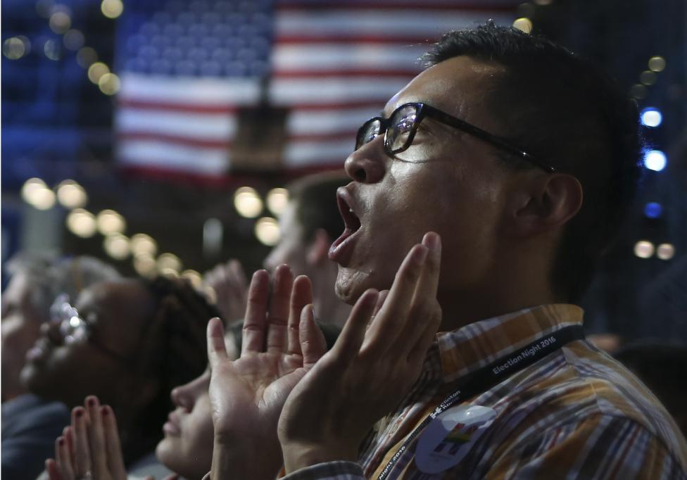 A man reacts to returns at Democratic U.S. presidential nominee Hillary Clinton's election night rally the Jacob K. Javits Convention Center in New York
