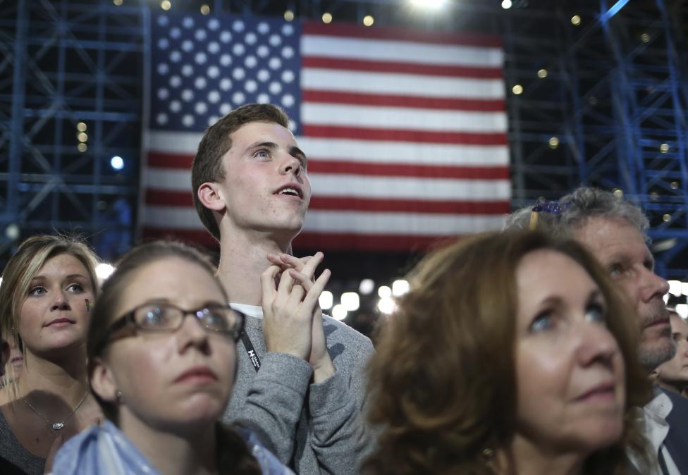 Supporters watch returns at Democratic U.S. presidential nominee Hillary Clinton's election night rally the Jacob K. Javits Convention Center in New York
