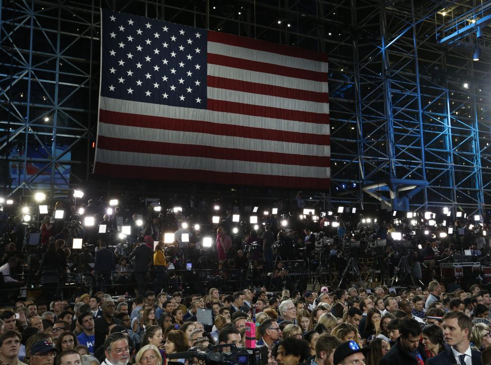 A U.S. flag is seen at the election night rally for U.S. Democratic presidential nominee Hillary Clinton at the Jacob K. Javits Convention Center in Manhattan