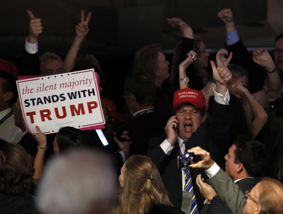 Trump supporters celebrate as they watch election returns come in at Republican U.S. presidential nominee Donald Trump's election night rally in New York