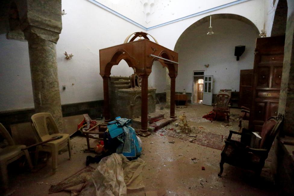 Damage is seen in the Mart Shmoni Church after it was recaptured from Islamic State in the town of Bashiqa, east of Mosul