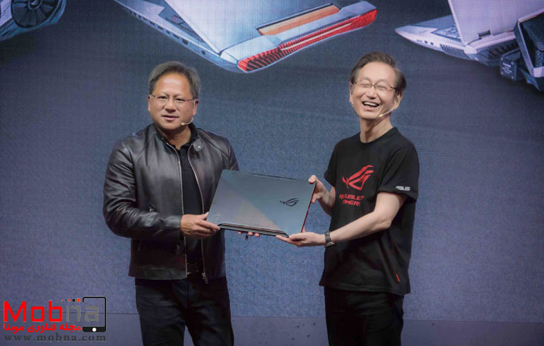 ASUS Chairman Jonney Shih presents NVIDIA Founder President and CEO Jensen Huang with personalized ROG Zephyrus 1