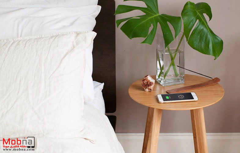 modern bamboo table with integrated phone charger