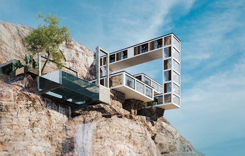 طراحی مفهومی میلاد اشتیاقی از خانه کوهستانی بر فراز صخره ها (+عکس)